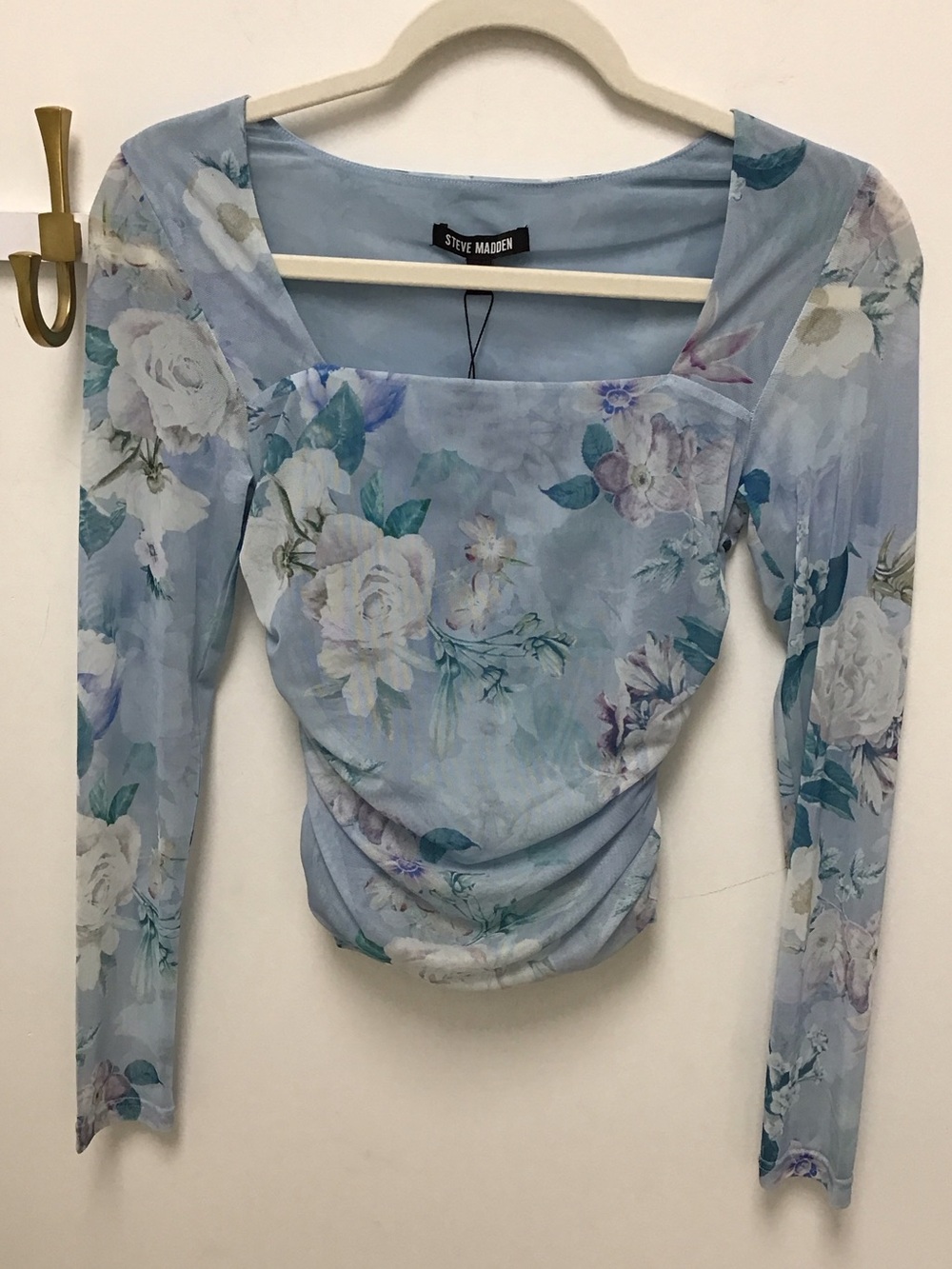 Steve Madden Zina Blue Floral Ruched Square-Neck Long Sleeve Top